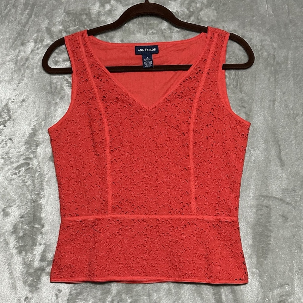 Vintage Ann Taylor Eyelet Peplum Sleeveless Top Womens Sz 6 Pink Coquette Preppy